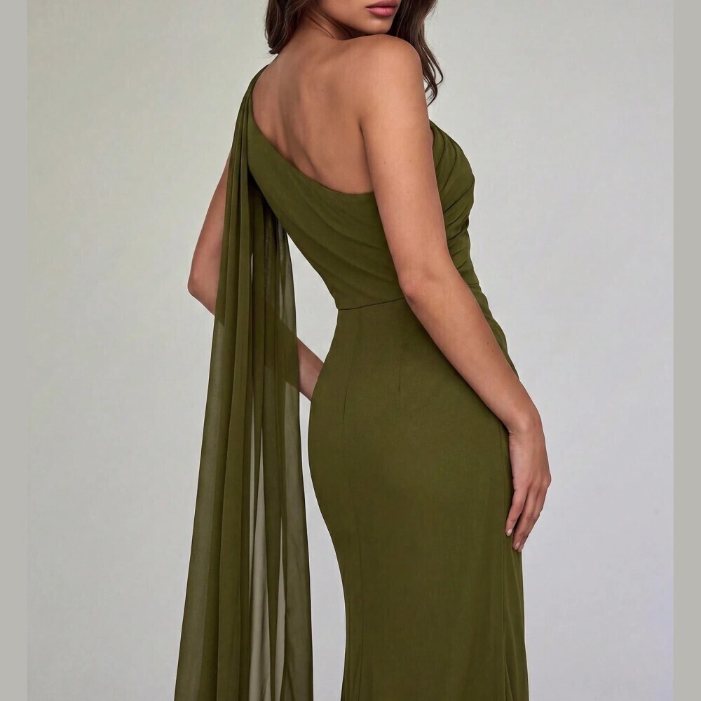 Olive Green One-Shoulder Draped Cape Maxi Gown - Picture 3 of 6